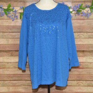 Quacker Factory Womens Light Blue Sequin Tunic Thin Knit Shirt Top Plus Size 3X